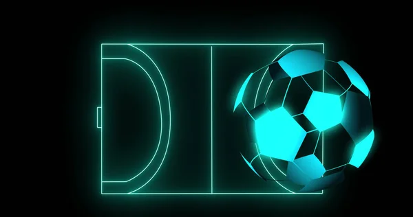 Image of digital football over neon stadium on black background. Global sport, technology and digital interface concept digitally generated image.