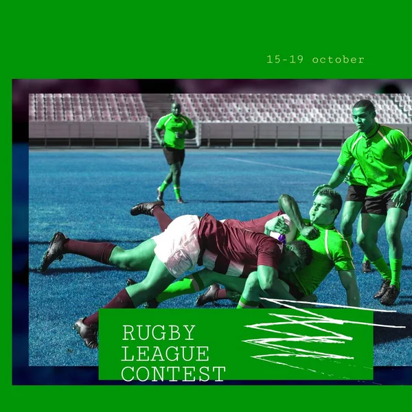 Digital composite of multiracial players confronting in match at stadium during rugby league contest. Sports, coemption, sports person, rugby team, rugby field, teamwork, sports activity.