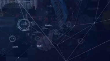 Animation of businessman touching 3d car, icons connecting with lines and computer language. Digitally generated, multiple exposure, automobile, futuristic, technology, artificial intelligence.