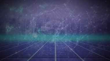 Animation of connecting dots sphere moving with data over grid patterned playground. Digital composite, global communication, cloud computing, technology, sports, business, networking.