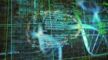 Animation of data processing and spinning dna structure over human brain against black background. Medical research and science technology concept