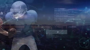 Animation of data processing and dna strand over rugby player. Global data processing digital interface and technology concept digitally generated video.