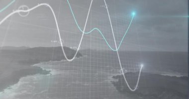 Animation of network of connections over seashore. Global business digital interface technology and networking concept digitally generated video.