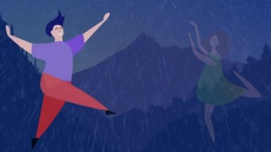 Animation of cheerful man and woman dancing silhouette mountains during snowfall. Digitally generated, illustration, abstract, art, happy, hobby, winter, weather, nature and enjoyment concept.