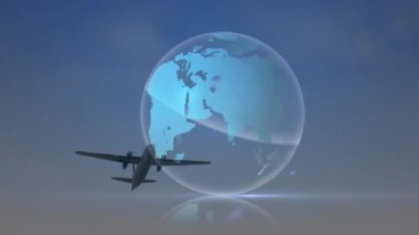 Animation of light trails over spinning globe against plane flying in the sky. Global networking and aviation business technology concept