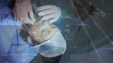 Animation of network of connections over caucasian female medical worker in laboratory. Global connections technology digital interface and connections concept digitally generated video.