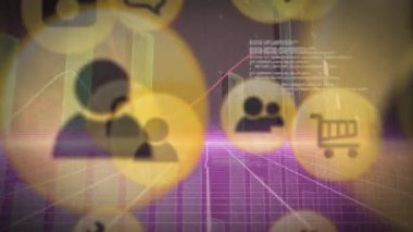 Animation of icons over financial data processing. Global finances, computing and digital interface concept digitally generated video.