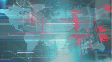 Animation of data processing over grid network against world map on blue background. Business networking technology concept