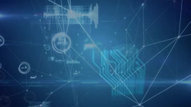 Animation of graphs and counters connected with lines and sound waves with circuit board pattern. Hologram, digitally generated, multiple exposure, business, report, data, networking, technology.