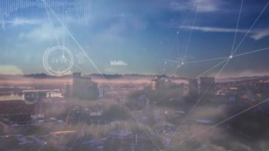 Animation of globe of network of connections and data processing against aerial view of cityscape. Global networking and business technology concept