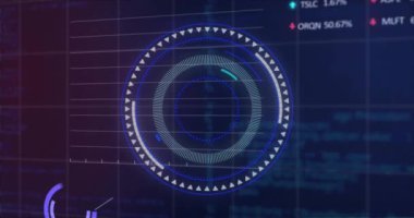 Animation of round scanner over stock market data processing against blue background. Global economy and business technology concept