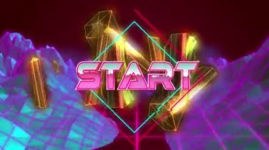 High score text over neon banner against mountain structures on red background. Video game interface and technology concept.