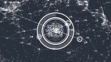 Animation of network of connections over scope scanning and data processing. Global connections data processing and digital interface concept digitally generated video.