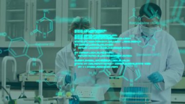 Laboratuvarda çalışan çeşitli erkek ve kadın bilim adamları üzerinde tıbbi veri işleme animasyonu. Tıbbi araştırma ve bilim teknolojisi kavramı