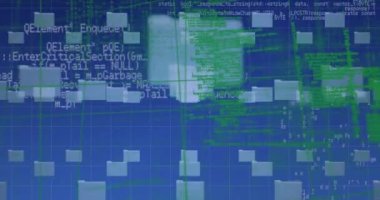 Animation of data processing over digital padlock with integrated circuit on blue background. Computing digital interface and data processing concept digitally generated concept.