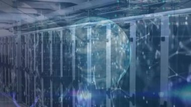 Animation of globe and data processing over computer servers. Global finance economy technology and digital interface concept digitally generated video.