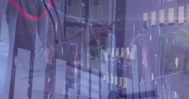 Animation of statistical data processing over caucasian businesswoman using smartphone at office. Business data and analytics technology concept