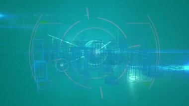 Animation of dots connecting with lines over 3d model of rotating modern cityscape. Telecommunications, hologram, digitally generated, architecture, building, illustration and abstract concept.