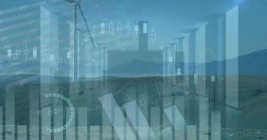 Animation of statistics and data processing over wind turbine on wearing empty office. Business digital interface and data processing concept digitally generated video.