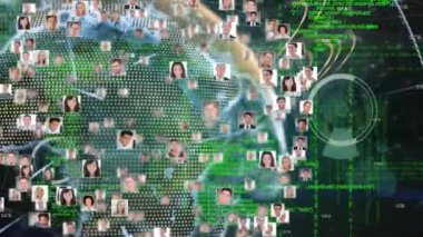 Animation of network of business profile icons over data processing and globe on black background. Global networking and business technology concept