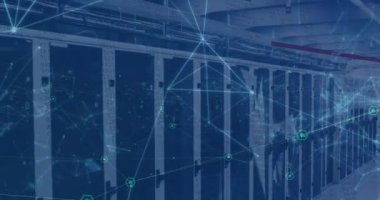Animation of shapes and moving over server room. Global connections digital interface data processing concept digitally generated video.