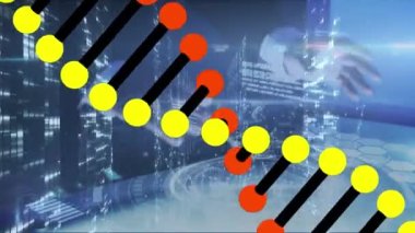 Animation of dna over caucasian businessman using touchscreen digital interface against server room. Digital composite, global business, modern technology, data center, science, connect the dots.