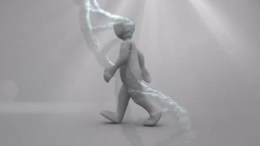 Animation of dna strand spinning over woman using smartphone. Global business and futuristic technology concept.