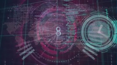 Animation of scope scanning and data processing over cityscape. Global digital interface technology and networking concept digitally generated video.