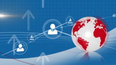 Animation of network of connections with people icons over globe. Global sports connections digital interface and technology concept digitally generated video.