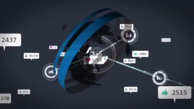 Animation of social media icons and numbers over three mathematical equations on black background. Trade prices promotions and sales digitally generated video.