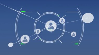 Animation of scope scanning over network of profile icons against blue background. Global networking and business technology concept