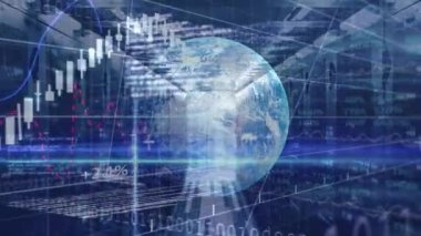Animation of data processing and globe over blue background. Global finance economy and technology concept digitally generated video.