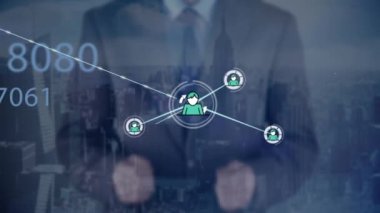 Animation of network of connections with people icons over data processing and spots. Global networking and medical research technology concept.