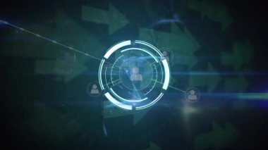 Animation of round scanner and network of profile icons over dna structure on blue background. Medical research and business networking technology concept