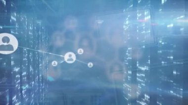 Animation of network of profile icons over screens with mosaic squares against blue background. Global networking and business technology concept