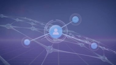 Animation of network of connections with icons over black background. Global connections digital interface and technology concept digitally generated video.
