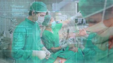 Animation of data processing over diverse surgeons and patient. Global medicine, computing and digital interface concept digitally generated video.