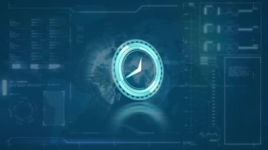 Animation of scope scanning and data processing on blue background. Global communication and data security concept digitally generated video.