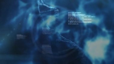 Animation of dna strand spinning and medical data processing. Global networking and business technology concept.