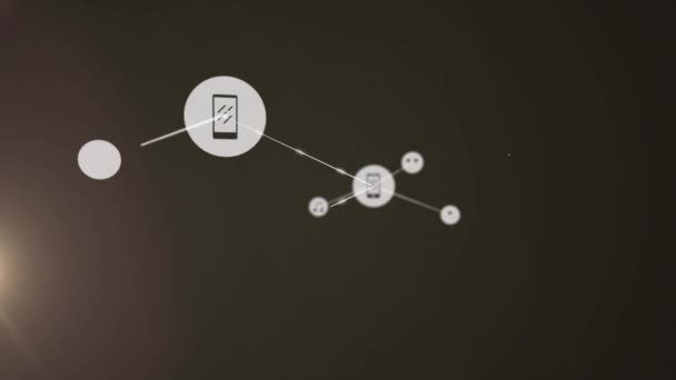 Animation Network Digital Icons Light Spot Black Background Global Networking — стоковое видео
