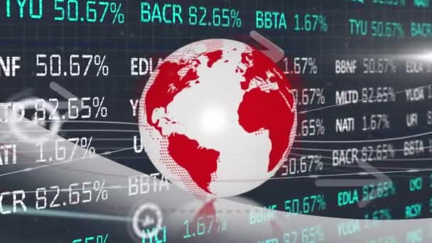 Animation Network Digital Icons Stock Market Data Processing Spinning Globe — стоковое видео