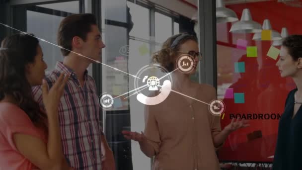 Animation Network Connections Icons Business People Wearing Headsets Global Data — Vídeo de Stock