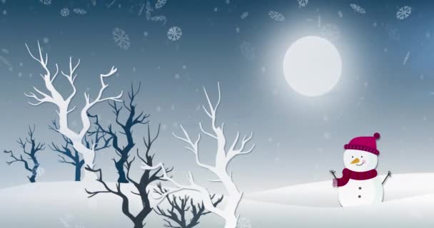 Animation Snowflakes Falling Snowman Winter Landscape Christmas Christmas Tradition Celebration — стоковое видео