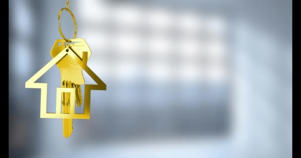 Animation Golden Hanging House Keys Blurred Background Copy Space Relocation — Vídeo de Stock