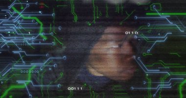 Image of binary code, integrated circuit and face of african american hacker. Global data safety, hackers attack and technology concept digitally generated image.