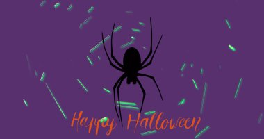 Image of orange happy halloween text over spider and green lights, on purple background. halloween, tradition and seasonal celebration concept digitally generated image.