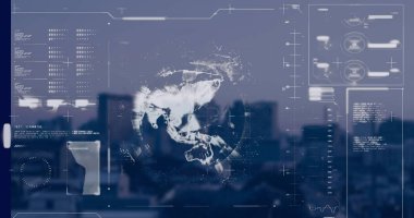 Image of graphical infographic interface screen with rotating glove, coding and scanning. Hologram, digitally generated, multiple exposure, futuristic, data, technology, artificial intelligence.