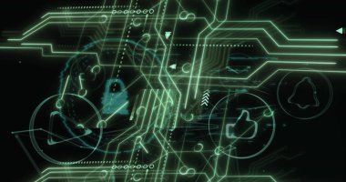Image of online security padlock over data processing. Global computing, digital interface and data processing concept digitally generated image.