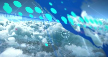 Image of graph, world map and network processing data over blue cloudy sky. Global communication, research, digital interface and data concept digitally generated image.