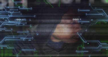 Image of binary code, integrated circuit and face of african american hacker. Global data safety, hackers attack and technology concept digitally generated image.